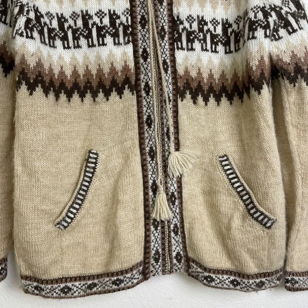 San Miguel Alpaca Hoodie Sweater Small Womens Cream Brown Full Zip Drawstring - Image 4