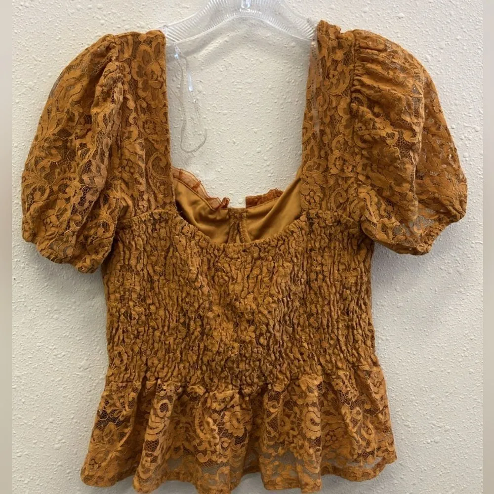 Haute Monde Underwire Lace Puff Sleeve Peplum Orangish Brown Top Medium #716 - Image 2