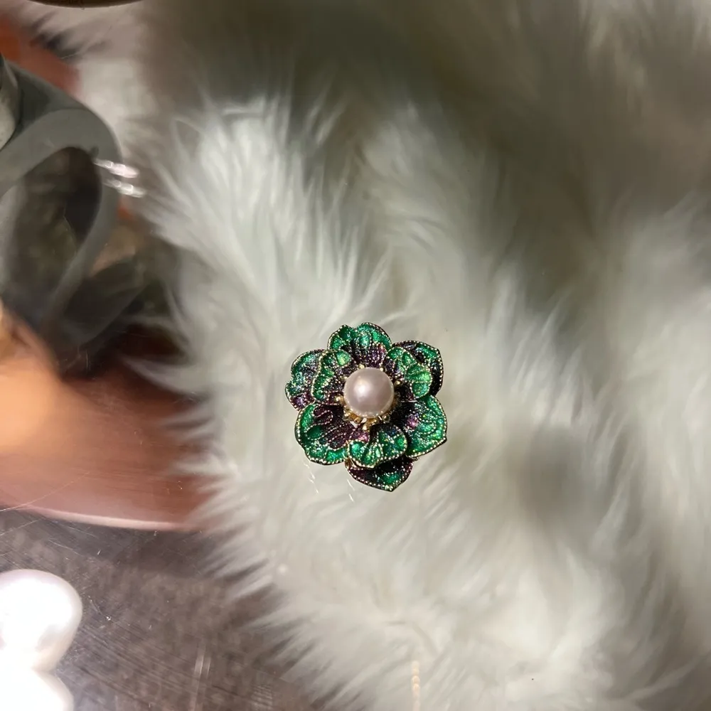 Purple, Green, Gold Brooch with Pearl in Center - Image 3