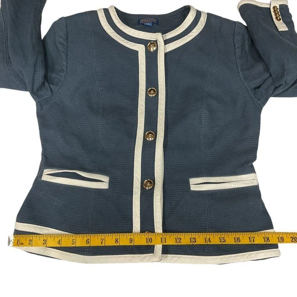 Gold Button Blazer Jacket Blue White Trim Sailor Coastal Sz 6P Petites - Image 7