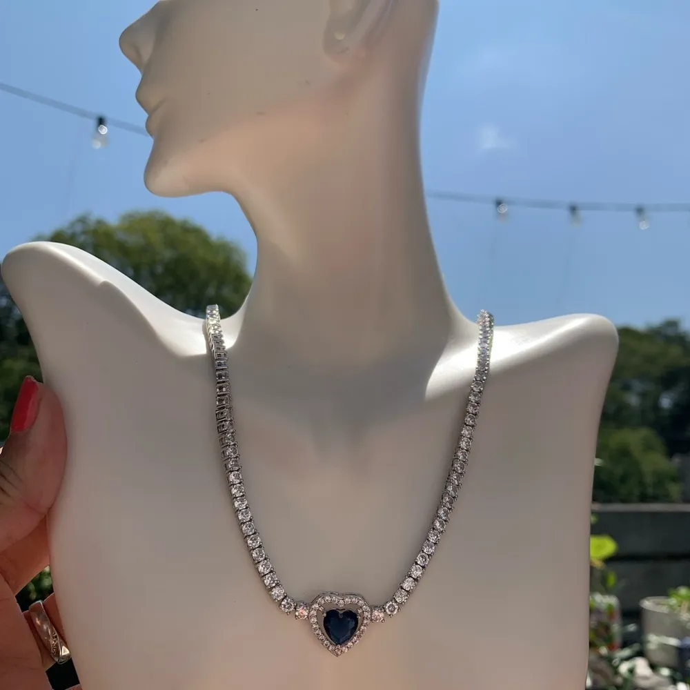 Stella Rose FINE SILVER PLATED diamond paved Tennis necklaces Blue Crystal Heart - Image 5