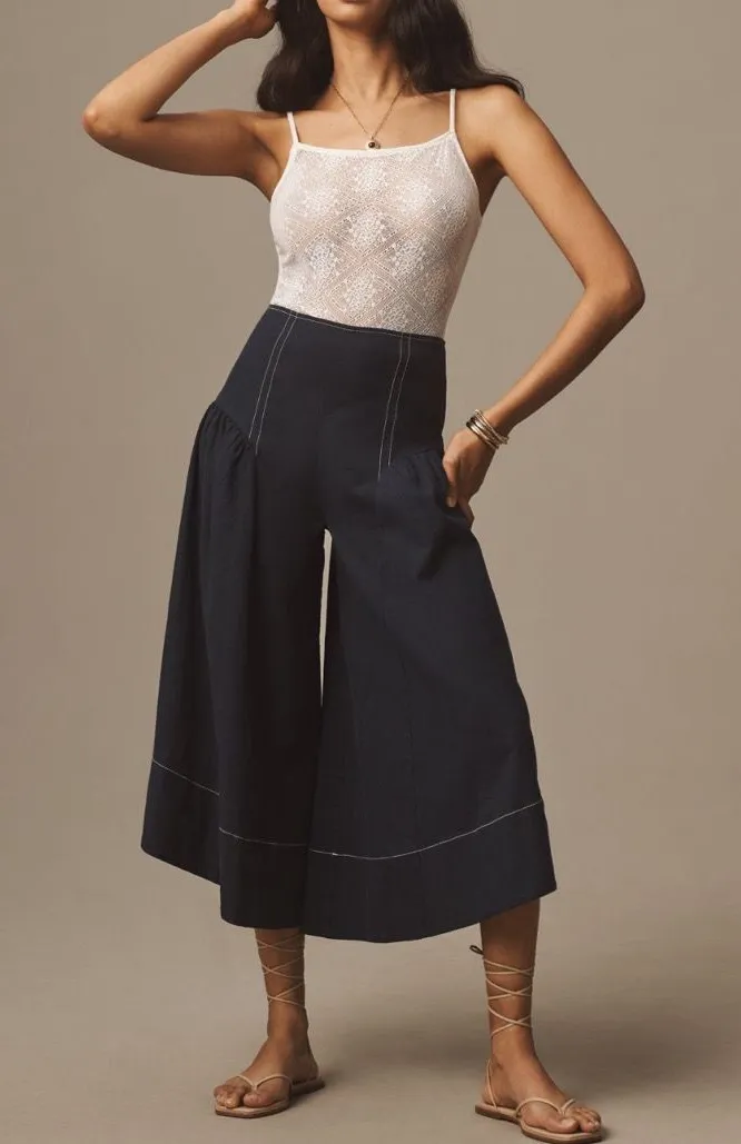 By Anthropologie Linen Blend Navy Extended Waist Pants. MSRP $138. Size 10 - Image 2