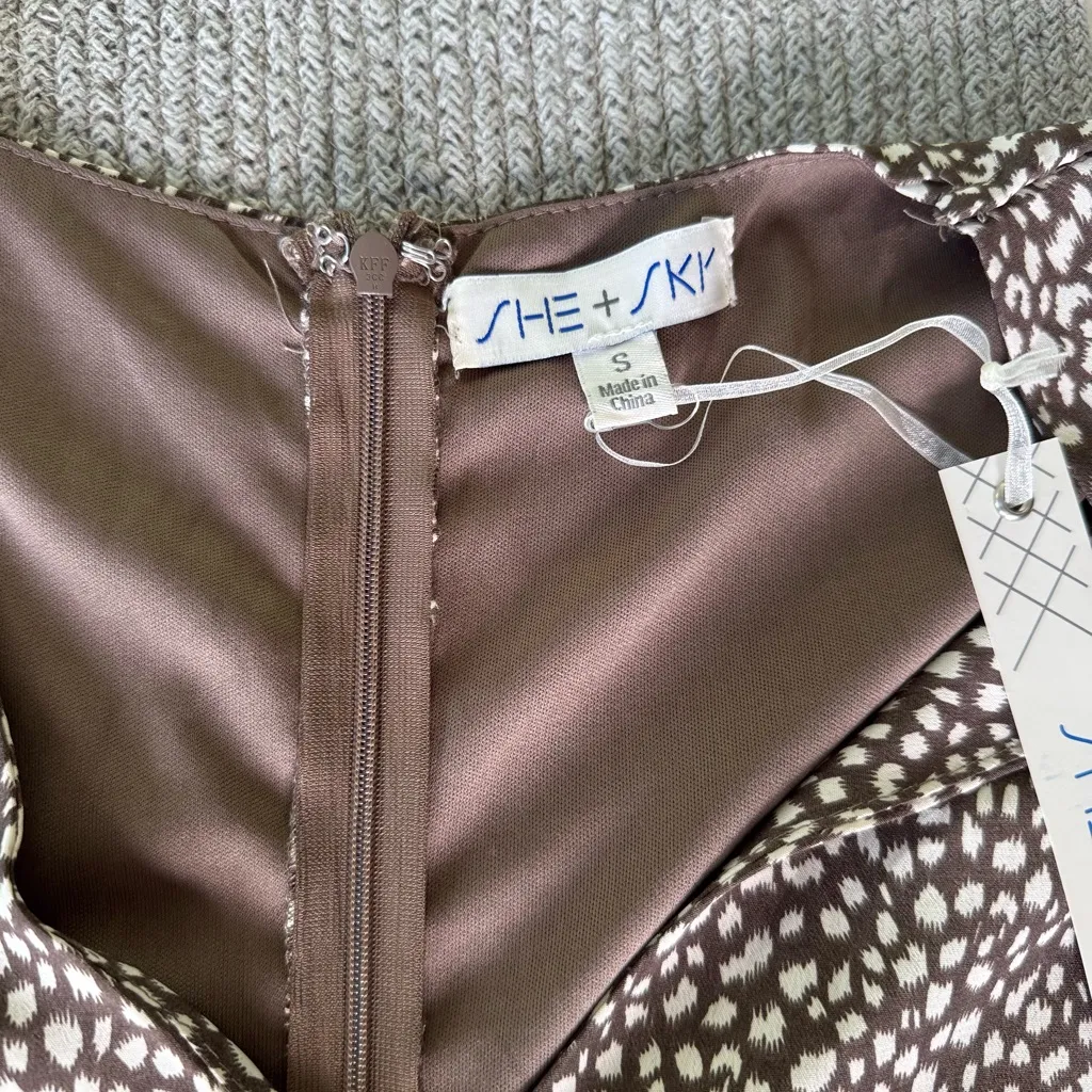 SHE + SKY Brown White Polka Dot Asymmetrical Faux Wrap Mini Dress Sz Small NWT - Image 8