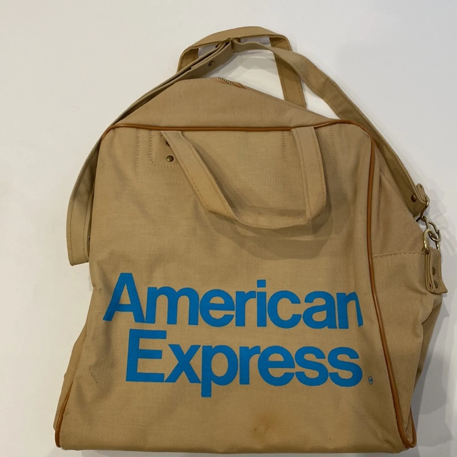 American Express 1970’s Vintage Carry On Travel Bag Stand Up Crossbody Canvas OS Tan - Image 2