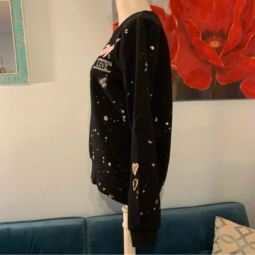 Women's Paint Splatter Sequins Medium Size 8 Sweatshirt  Black Top - Image 4