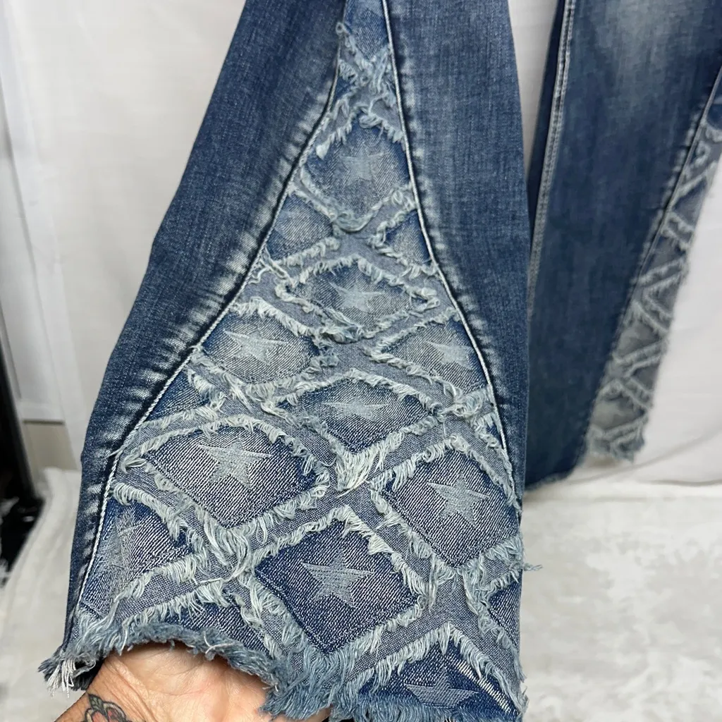 Grace Dark Blue Flare Jeans with Patterned Hem and Leg Size 27 - Image 4