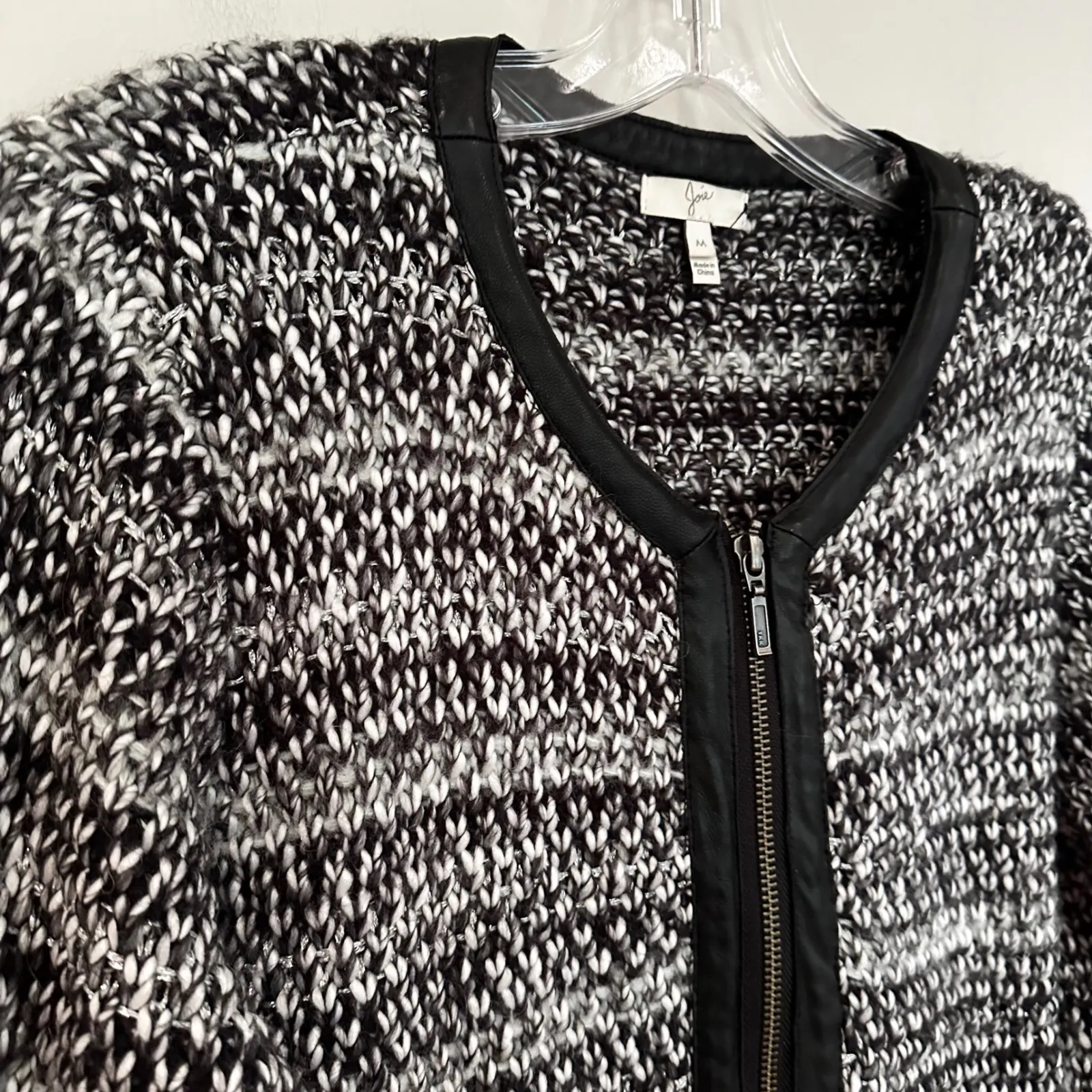 Joie Jacolyn Leather Trim Knit Cardigan Jacket Womens Medium Black Career Luxury - Image 5