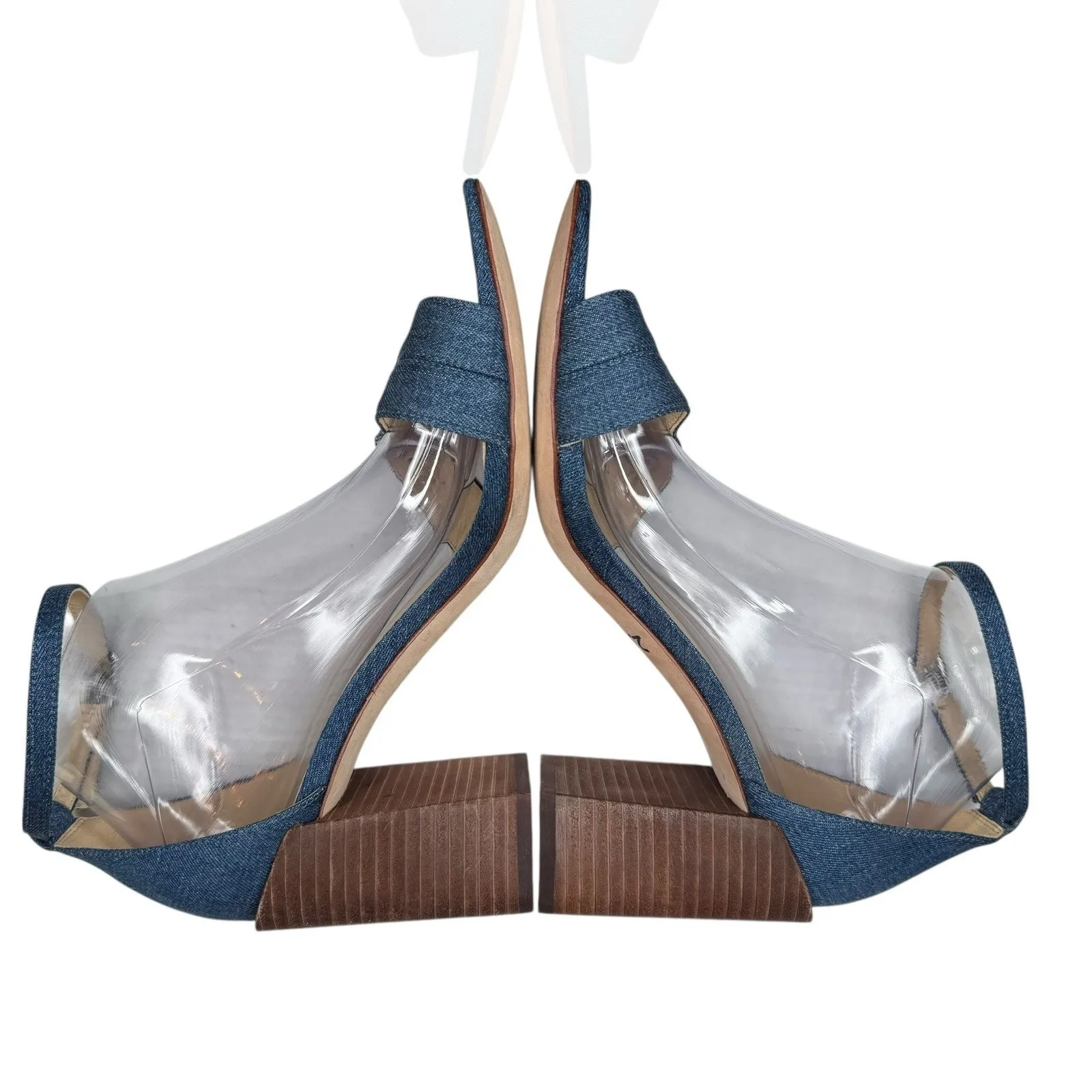 J Mclaughlin Shauna Denim Ankle Strap Sandals Wood Block Heel 10 Leather Sole - Image 7