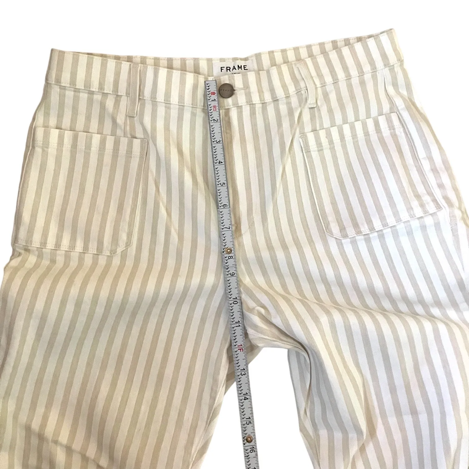 FRAME Women’s Tan+White Striped Le Bardot Crop Flare Raw Edge Denim Pant-size 33 - Image 8