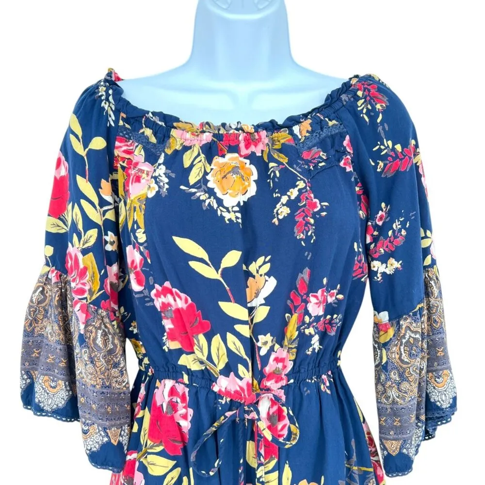 Angie Floral Off-Shoulder Boho Bell Sleeve Romper Blue Multicolor Size Medium - Image 2