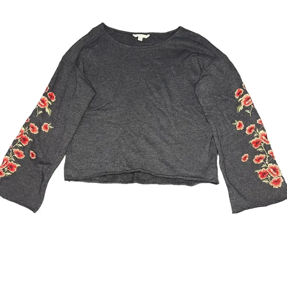 American Eagle Womens Small Gray Floral Embroidered Bell Sleeve Pullover Sweater - Image 2