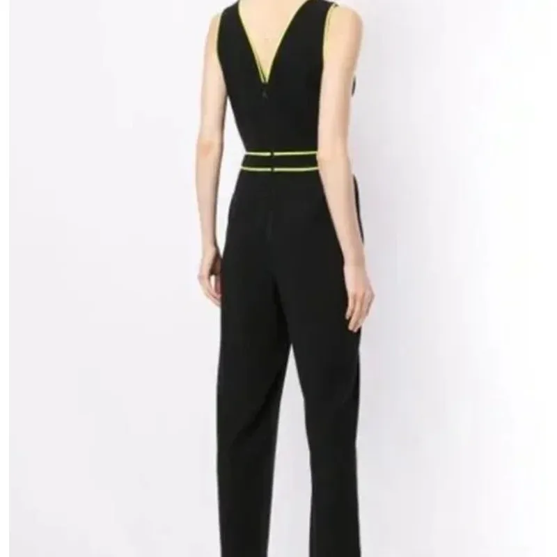 Alice + Olivia  Jeri Piped Jumpsuit Black/Neon Yellow Size 6 - Image 3