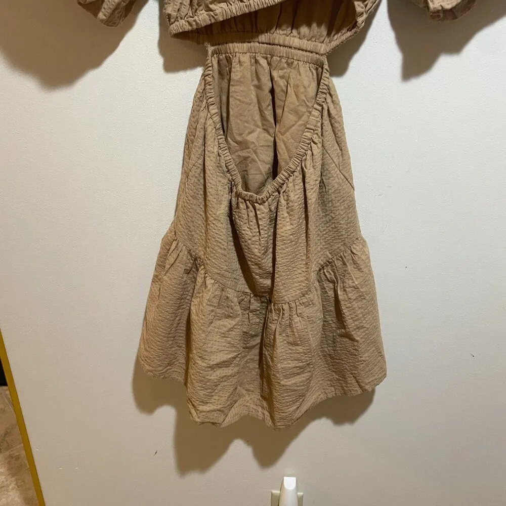 NEW Madewell Size M Seersucker Puff Sleeve Cutout Mini Dress Tan Button Back - Image 11