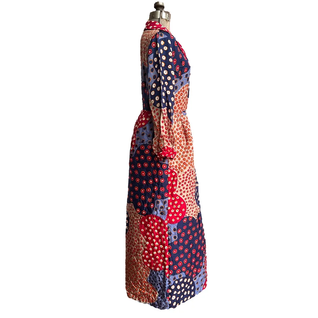 Vintage 70s Patchwork Maxidress Bold Mix of Patterns Button Front Pointed Collar Red Size 6 - Image 2