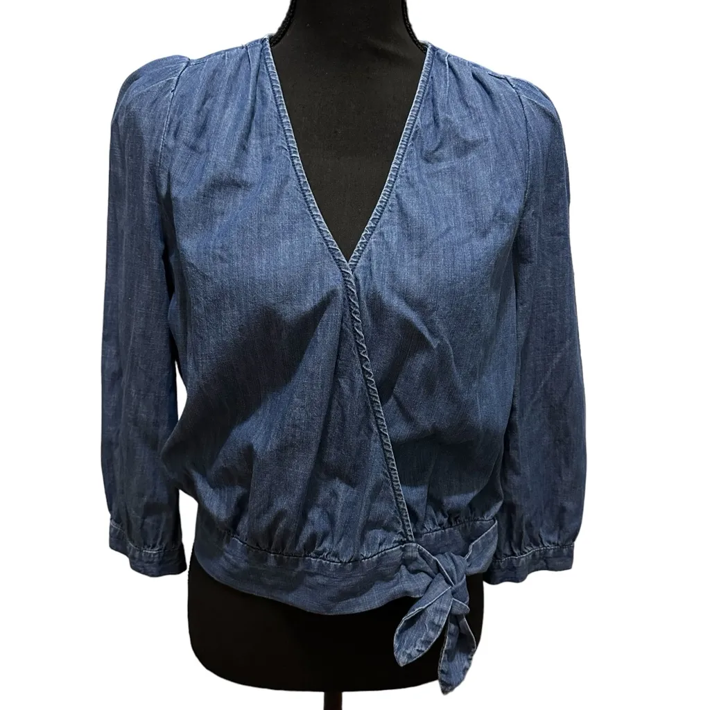 Madewell Denim Wrap Top 70s Retro Style Crop‎ 3/4 Sleeve V-Neck Mid Blue Small - Image 8