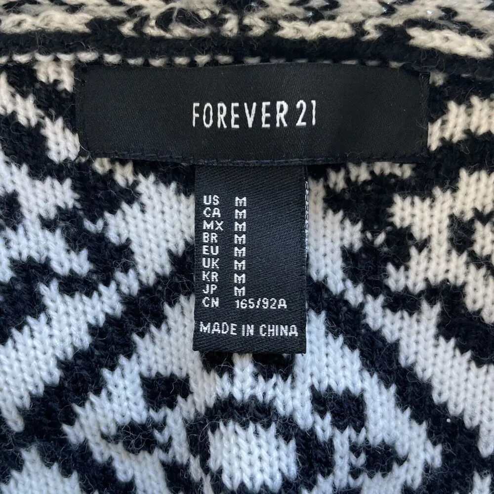 Forever 21 Women M Open Front Cardigan Sweater Black White Geo Floral 3/4 Sleeve - Image 4