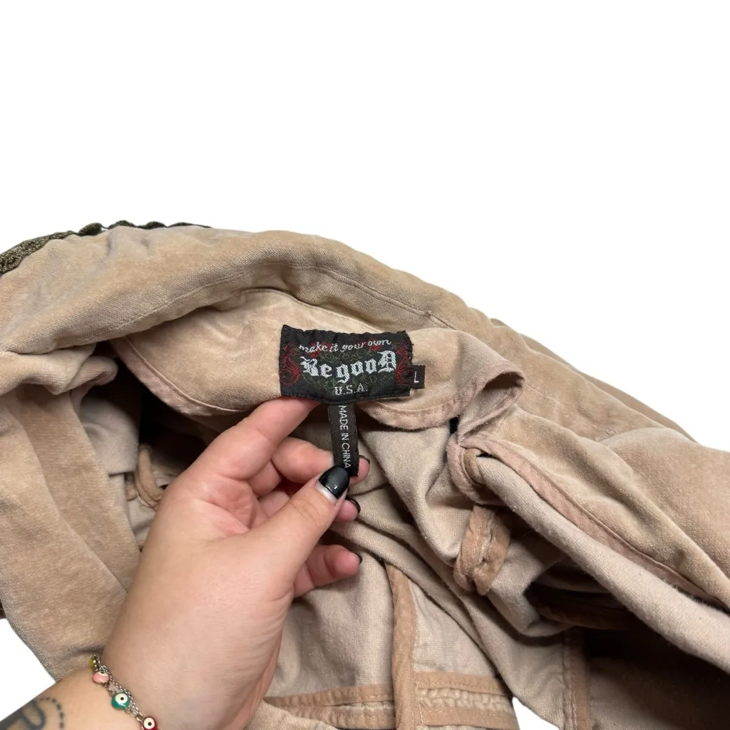 Y2K Be Good Corduroy Velvet Crochet Lace Trim Button Up Blazer Jacket Brown Size L - Image 5