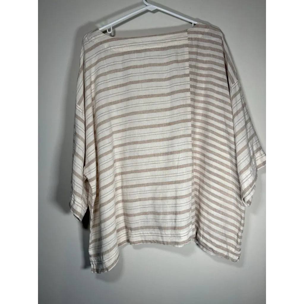PURE JILL Linen Stripped Cream Beige Boxy Top Cottagecore Neutral Size Large - Image 3