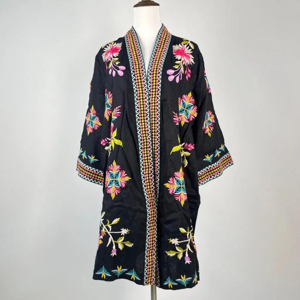 NWOT Johnny Was JULIE LINEN KIMONO Embroidered Floral Open Front Coat Sz PL - Image 2