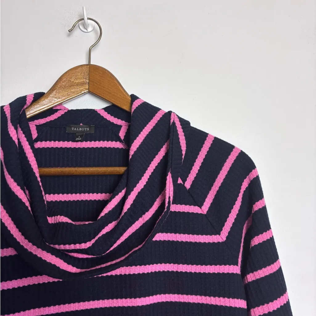 Talbots Navy Blue & Pink Striped Waffle Knit Cowl Neck Long Sleeve Top - Image 5