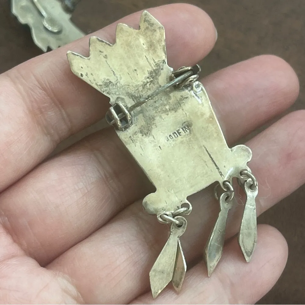 Vintage Sterling silver Mexico green  Bakelite Totem face brooch earrings set - Image 3