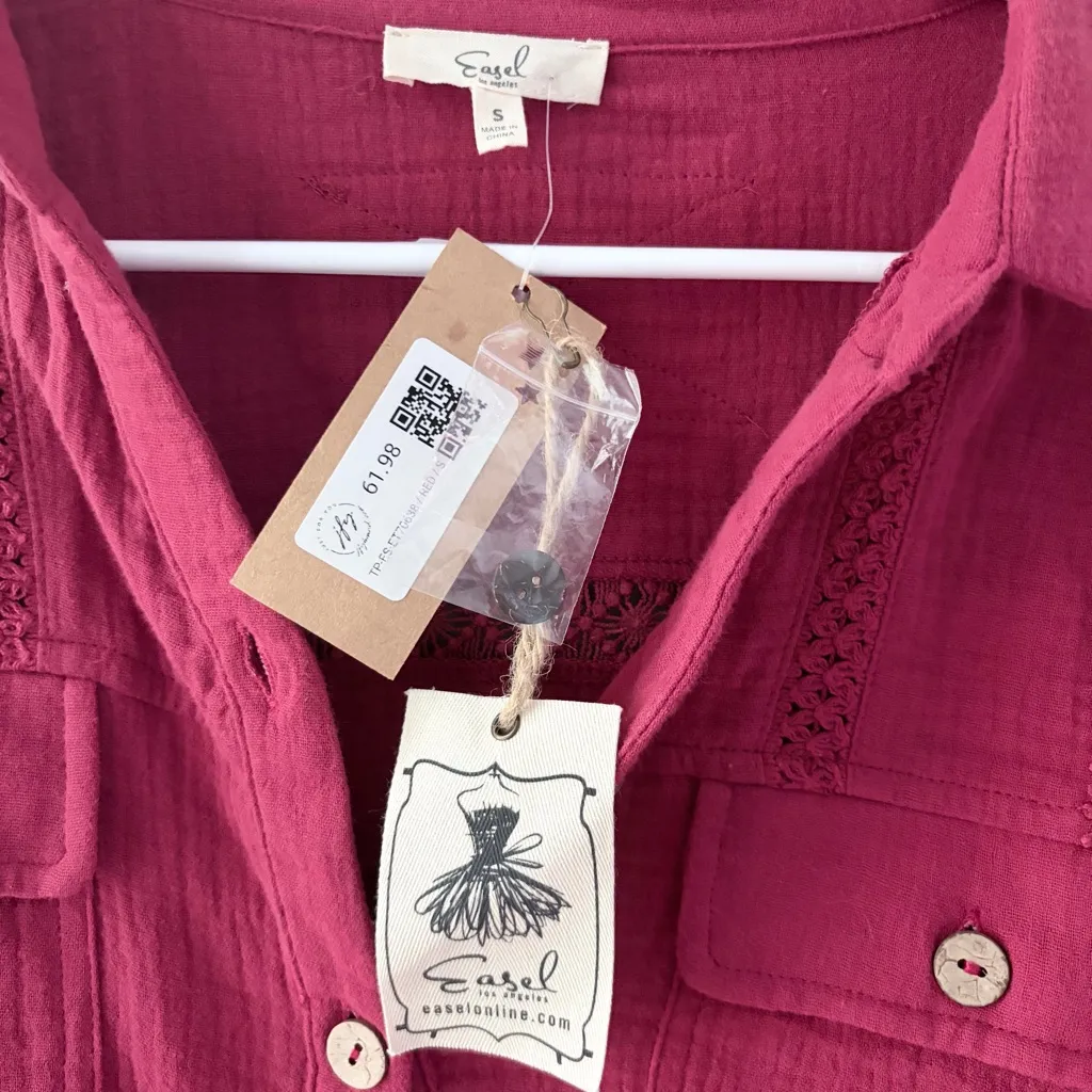 Easel Deep Red Button-Down Shirt with Lace Detail - Image 2