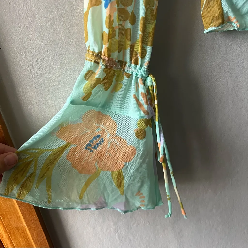 Free People Mint Combo Floral Print Of Paradise Tie Front Crop Top Size XS - Image 3