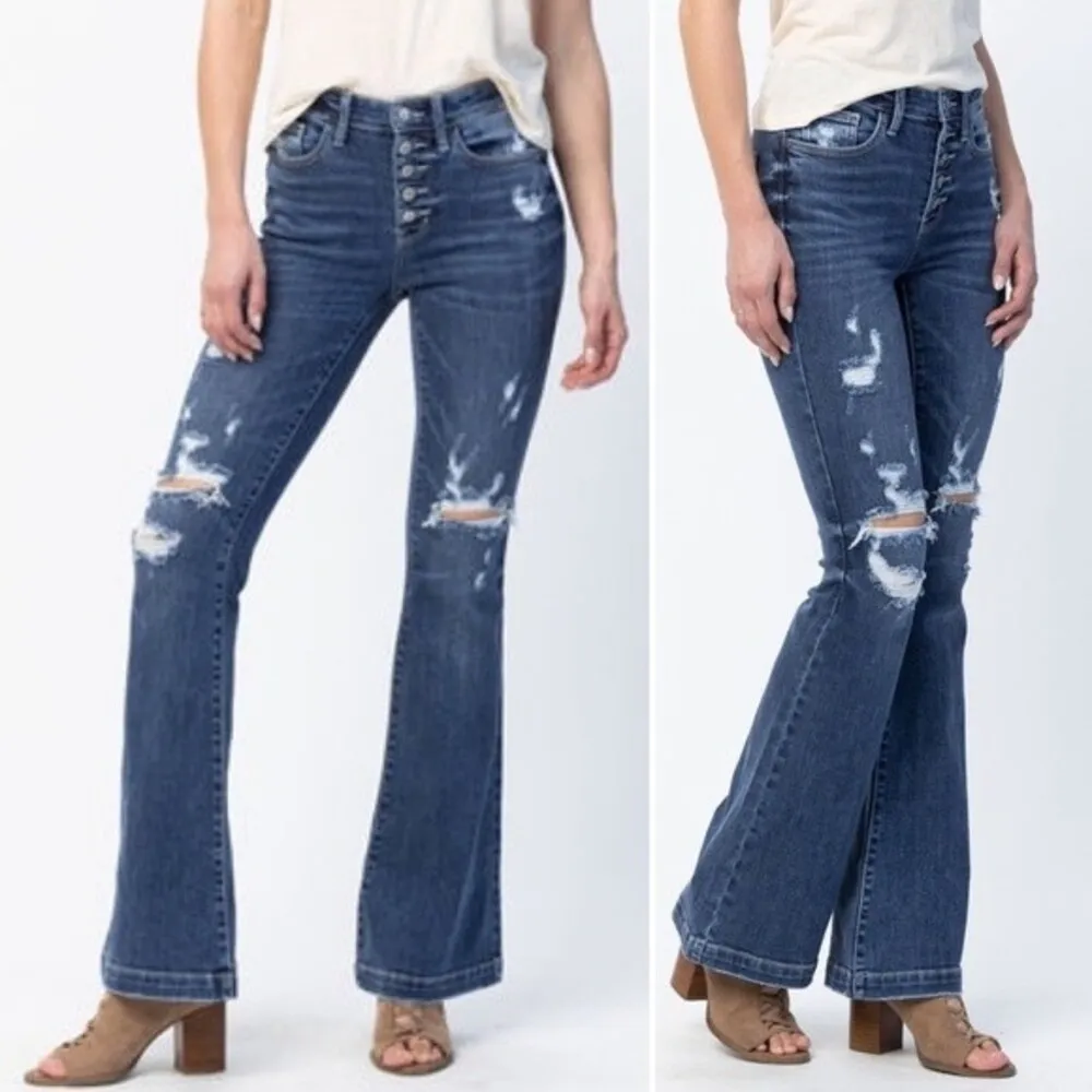 NWT Judy Blue Jeans Judith Button Fly Dark Wash Trouser Flare Size 26 | 2/3 NEW - Image 16