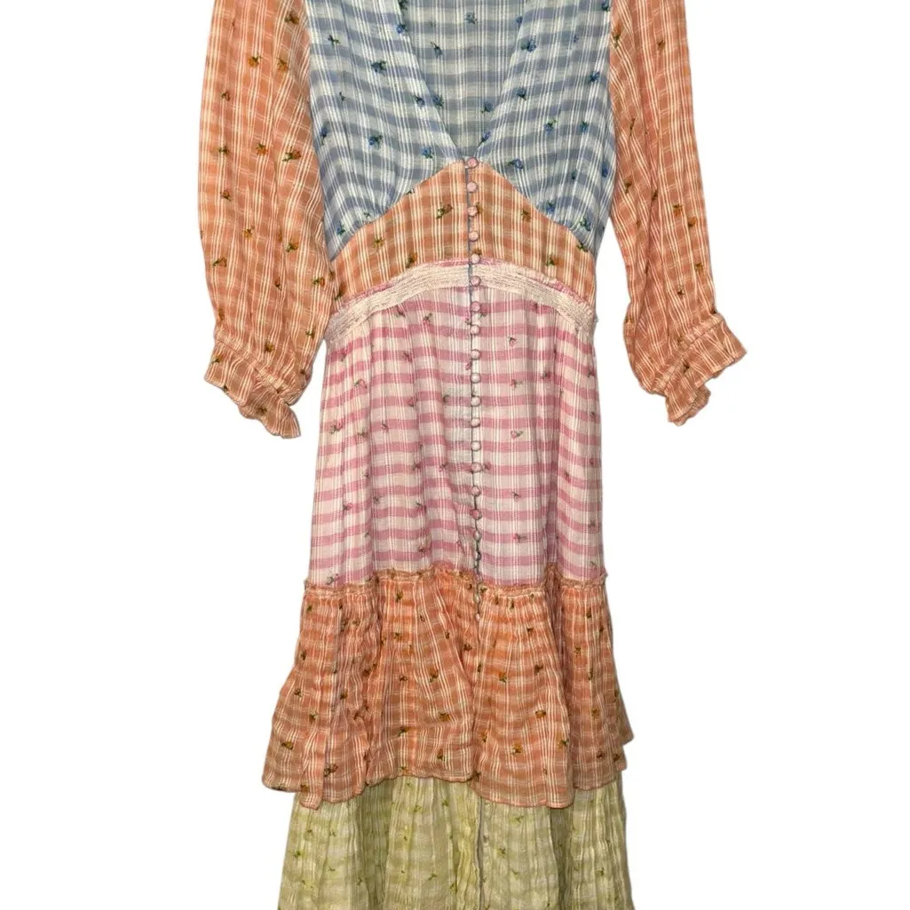 LoveShackFancy ruffle gingham Pastel Plaid pink yellow blue checkered midi dress - Image 3