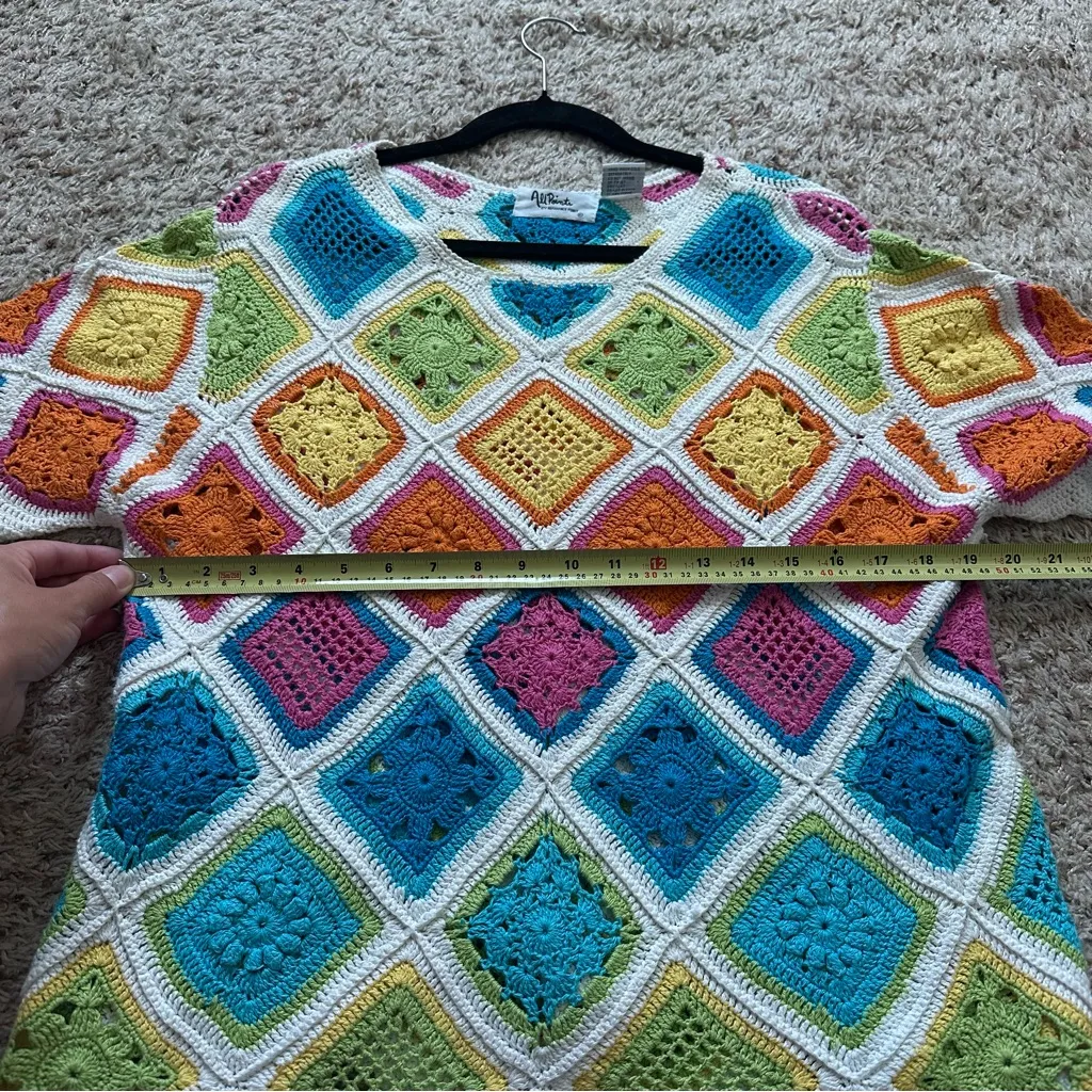 Vintage All Points Women’s Granny Square Sweater Shirt Blouse Top Colorful Ramie Size M - Image 5
