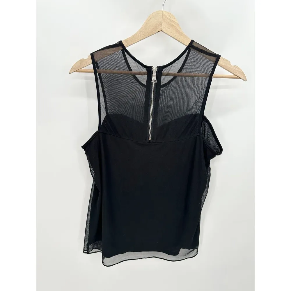 Cache Top Women MEDIUM Black Sheer Upper Exposed Back Zip Sleeveless Tank Blouse - Image 2