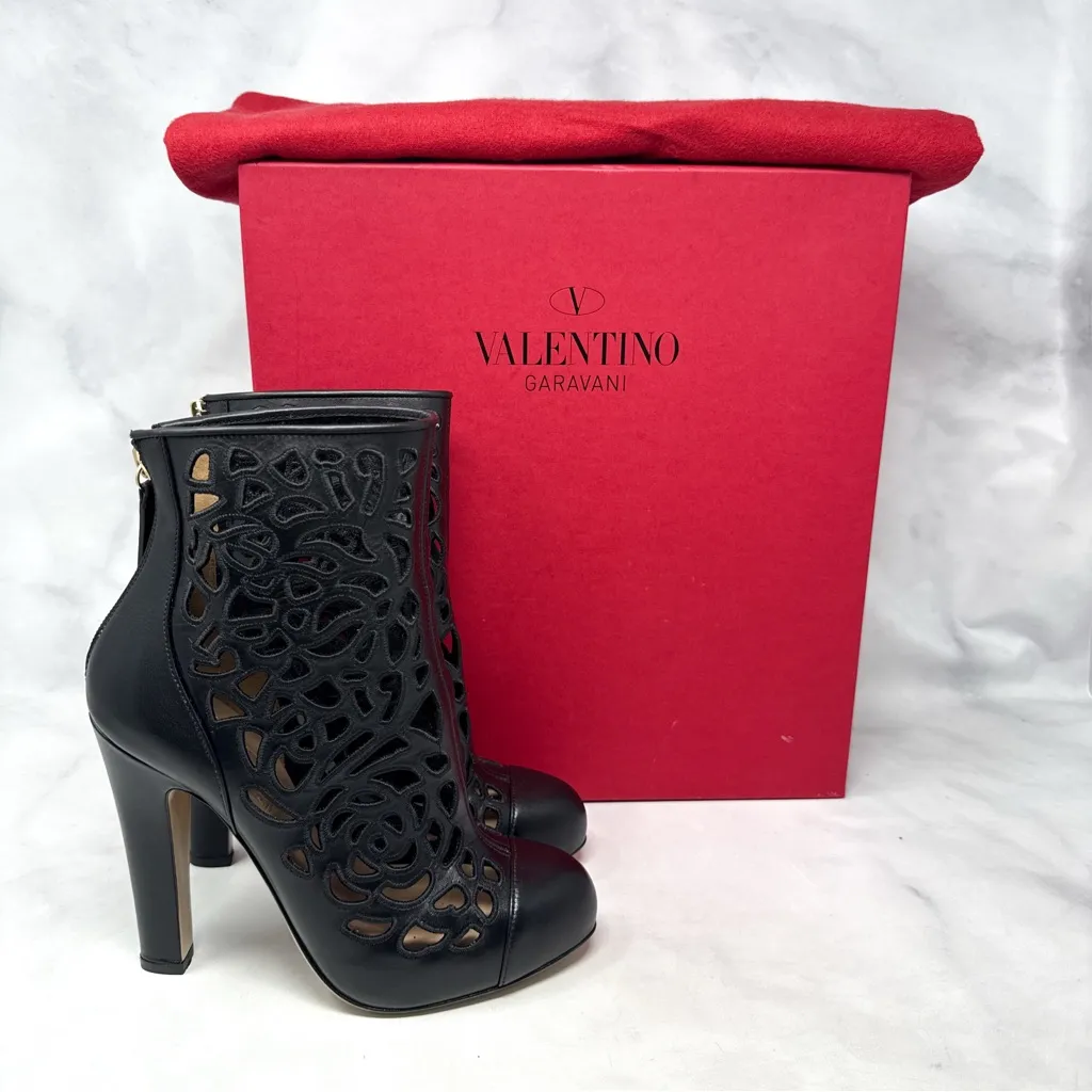 Valentino Garavani Leather Floral Laser Cut Block Heel Ankle Booties Boots Black - Image 3