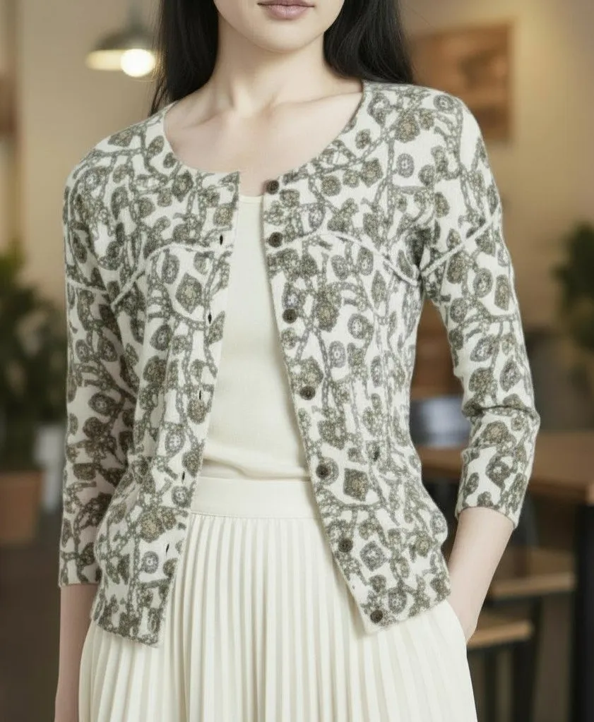 Charlie & Robin Anthropoloie Cardigan M Cream Jewel &‎ Key Soft Neutral Preppy Green Size M - Image 2