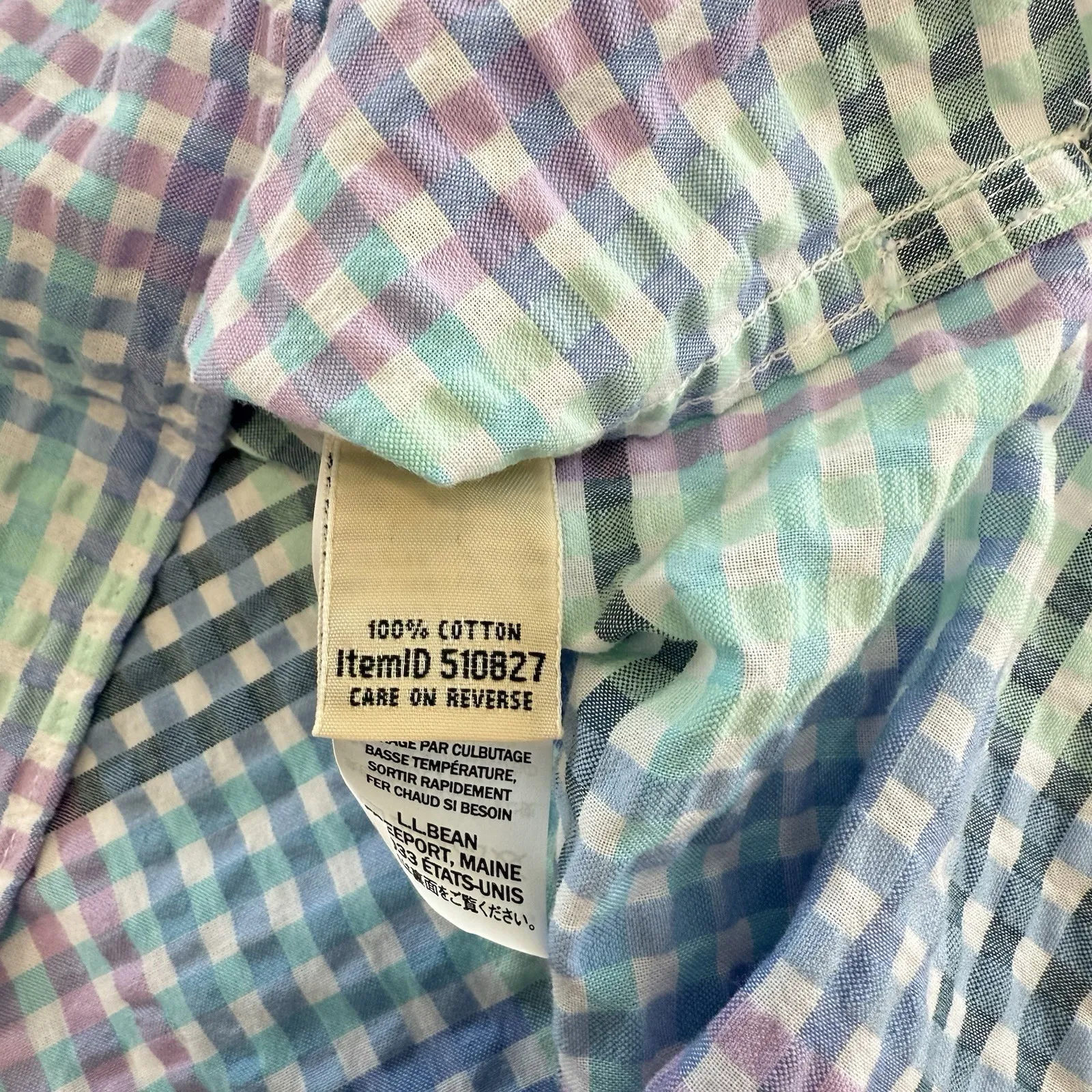 LL Bean Vacationland‎ Seersucker Short Sleeve Popover Plaid Shirt Size XL - Image 8