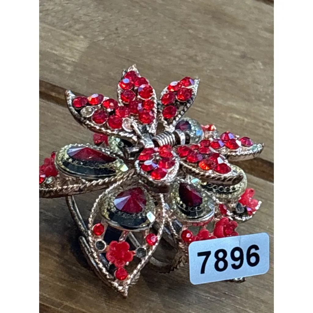 Large Floral Hair Clip With Red Rhinestones & Metal**note missing rhinestone - Image 2