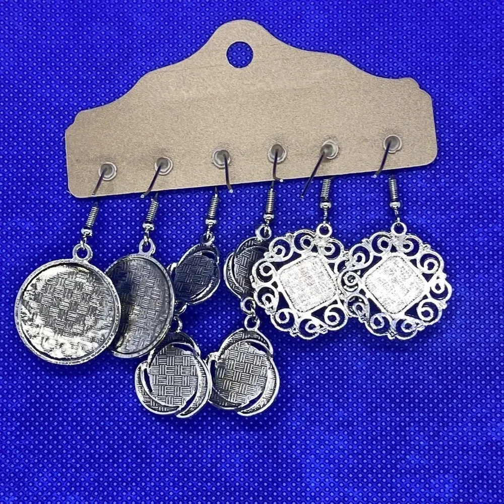 New bohemian geometric pattern faux turquoise earrings antique finish 3 pair Blue - Image 2