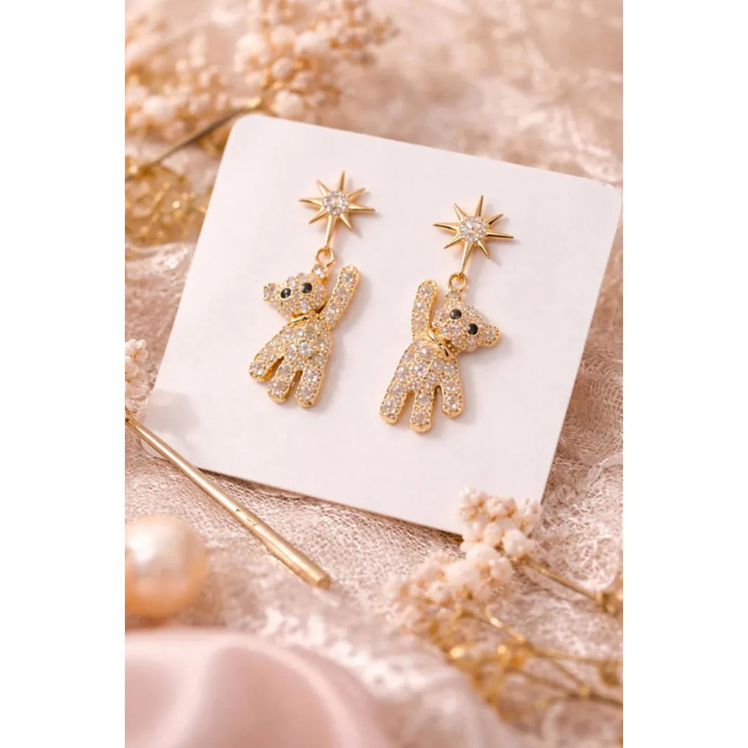 Gold Teddy Bear Drop Earrings – Star Stud Rhinestone Coquette Style NWT - Image 3