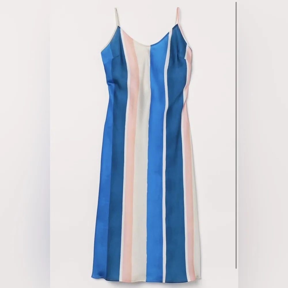NWT Lemlem H&M Blue Beige Stripe Slip Satin Midi Dress Size L - Image 3