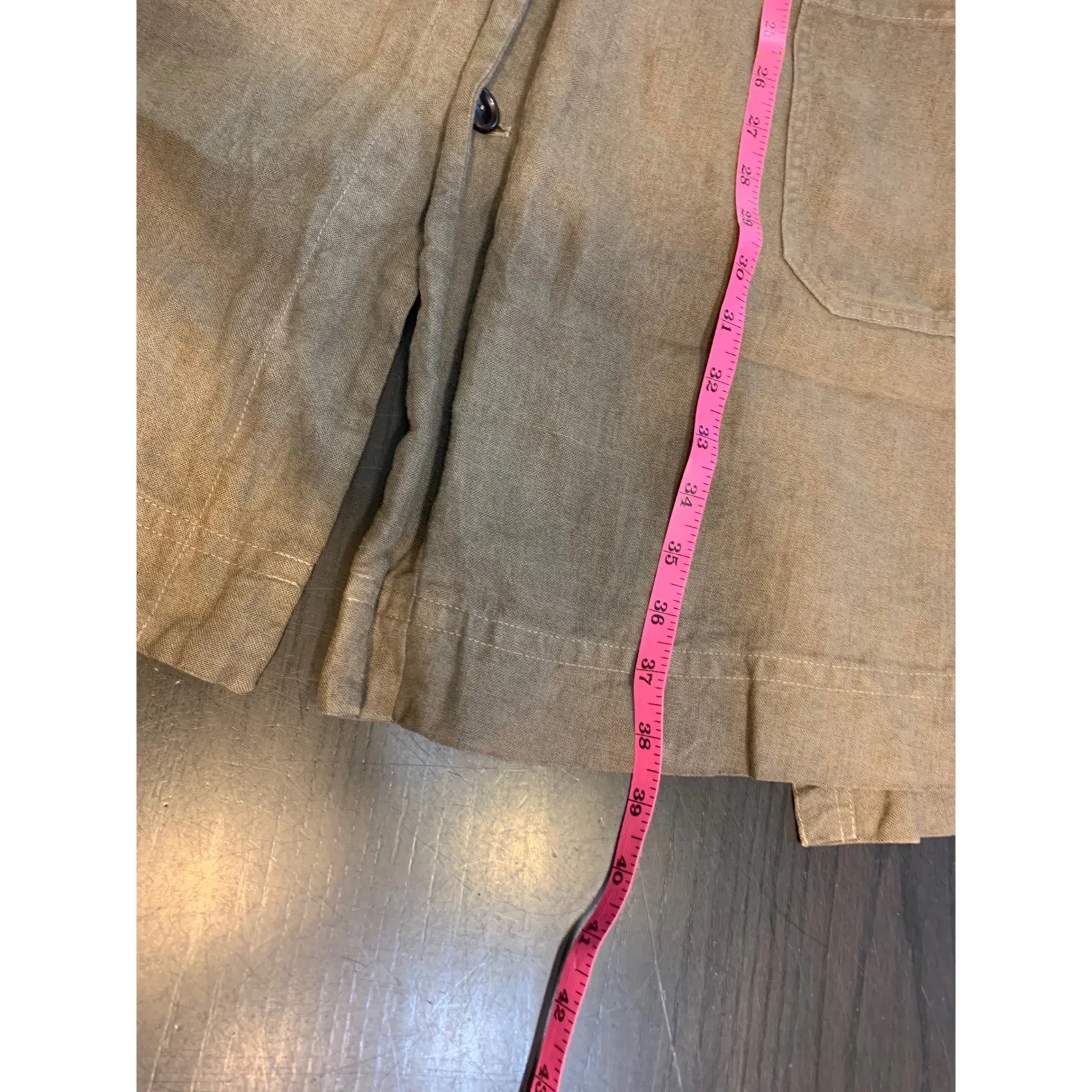 Pas de Calais Linen Leather Cowhide Silk Button Front Lagenlook Jacket Coat Tan Size M - Image 14