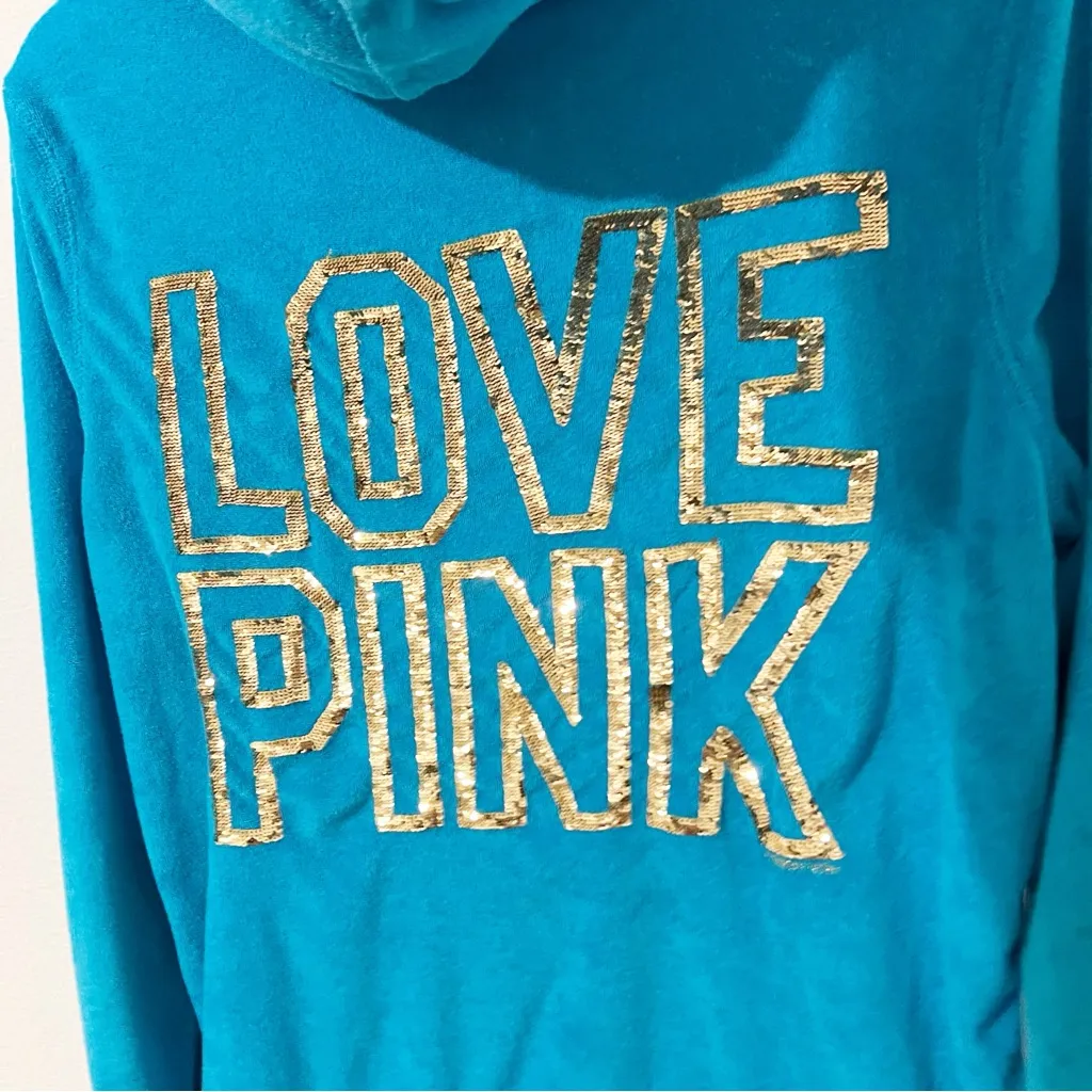 Victoria Secret Blue Beach Terry Cover Up SEQUIN JACKET HOODIE Large L - Image 3