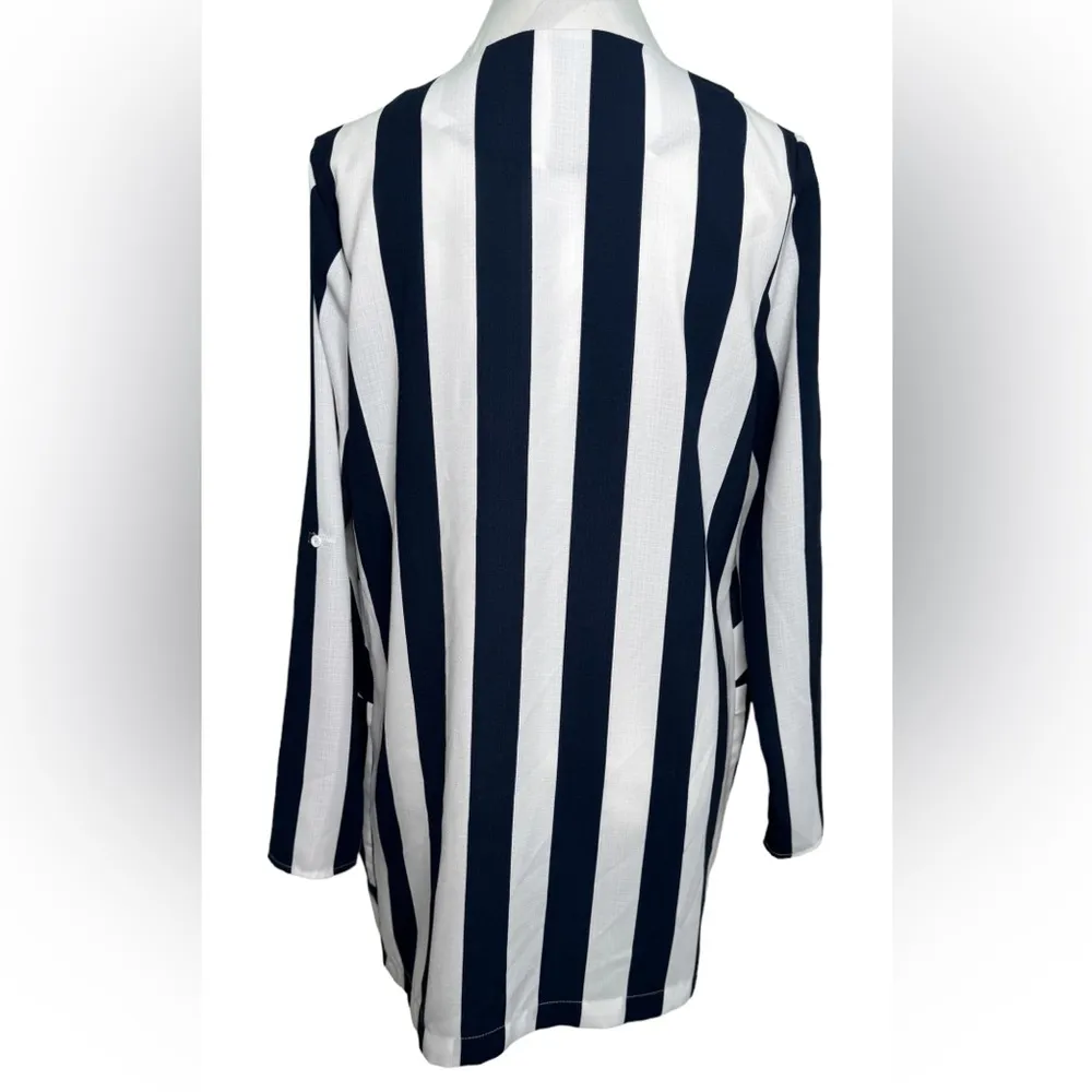 Elodie Navy Stripe Trendy Open Front Blazer Jacket Long Sleeve Size Medium - Image 4