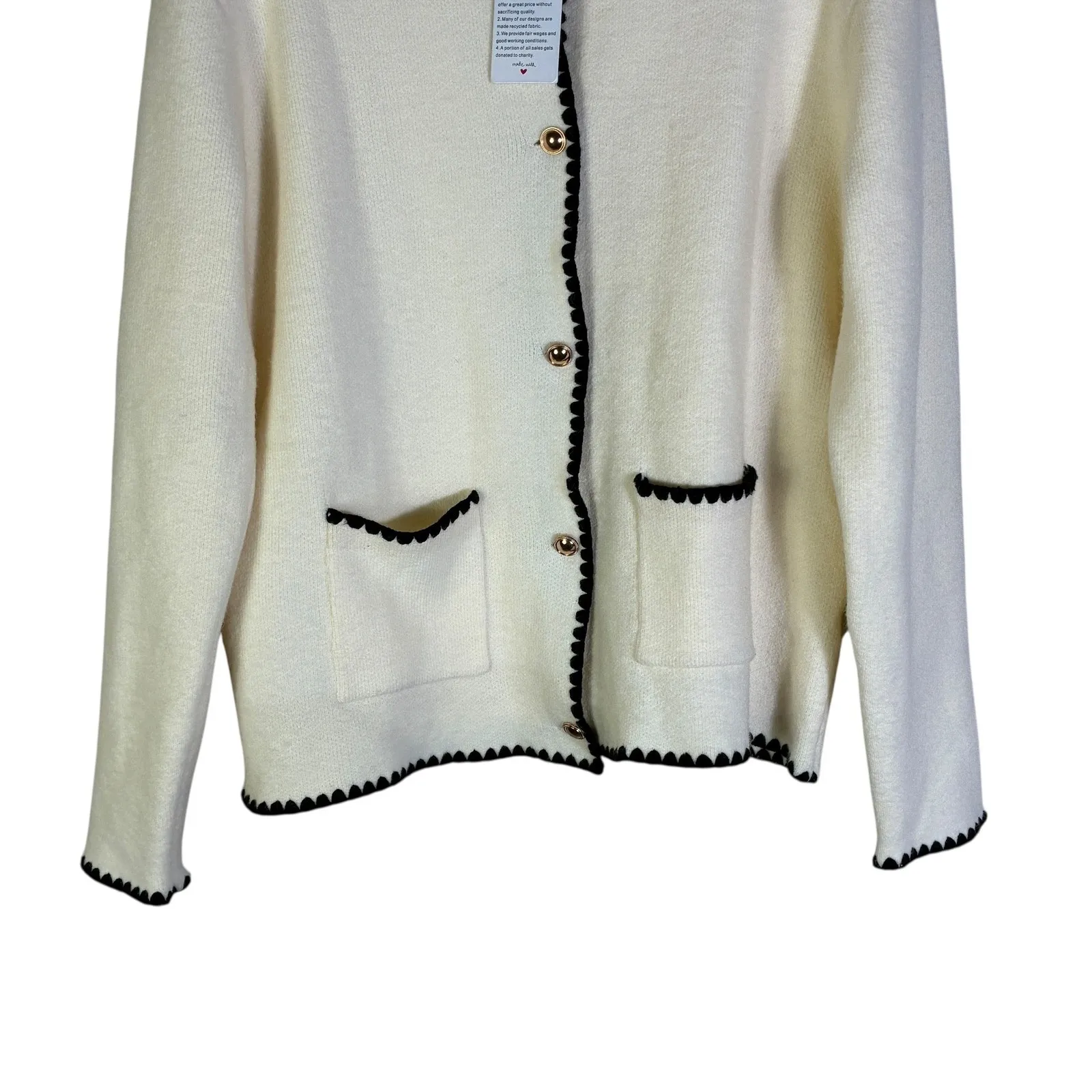 NWT Knit Cardigan Jacket Womens XL Cream Black Trim Classic Preppy Elegant - Image 4