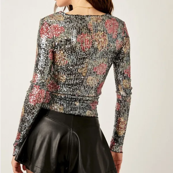 Intimately by Free People Printed Gold Rush Long Sleeve Top Sequin XS Floral - Image 2