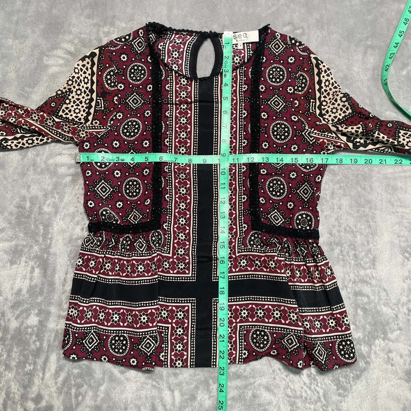 SEA New York Ezri Blouse Womens 4 Silk Blend Floral Boho Peplum Lattice Lace - Image 7