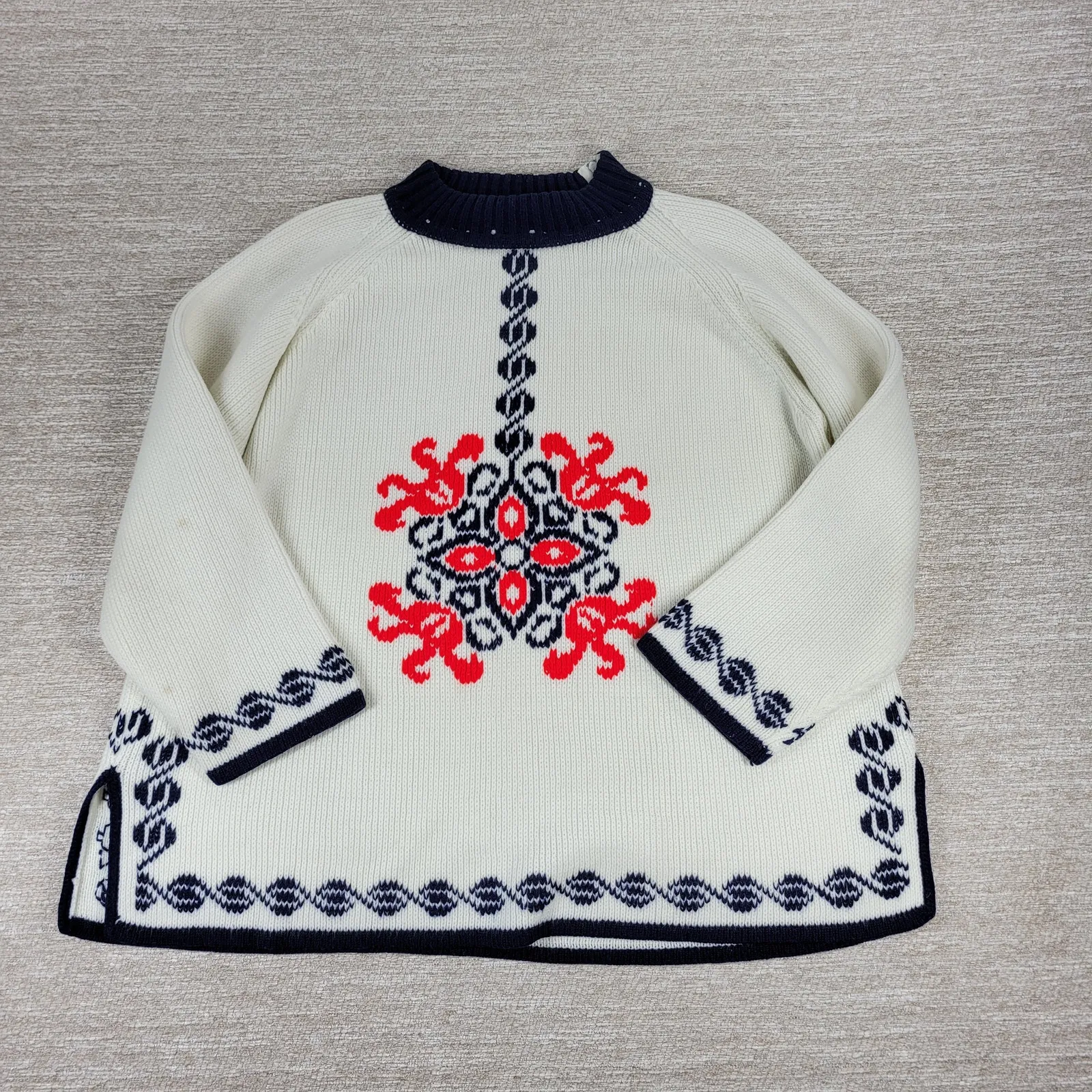 Vintage Nordic Knit Sweater Cream Red Navy Mock Neck Acrylic Wool Blend @L/XL White Size L - Image 12