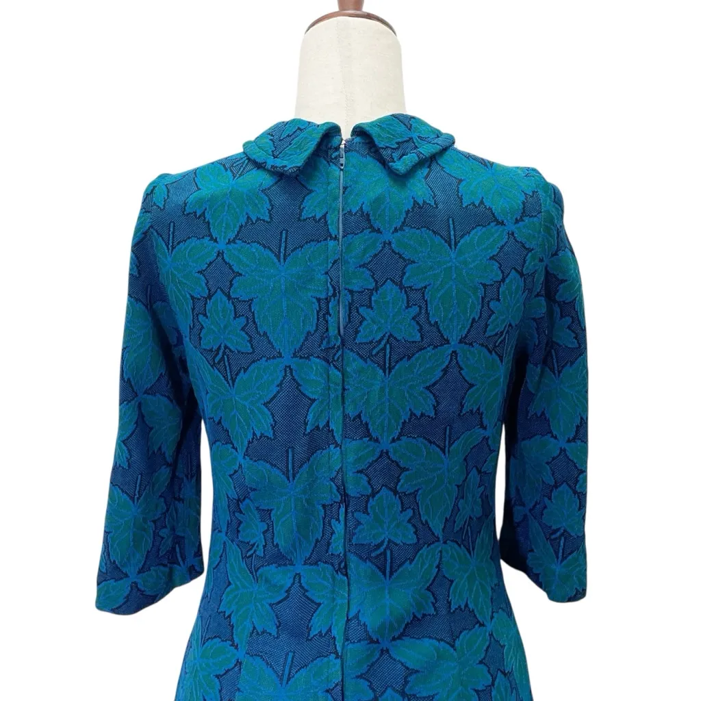 Vintage 1960s Jean Lang Original Blue Green Jacquard Leaf Print Dress Mod A - Image 9