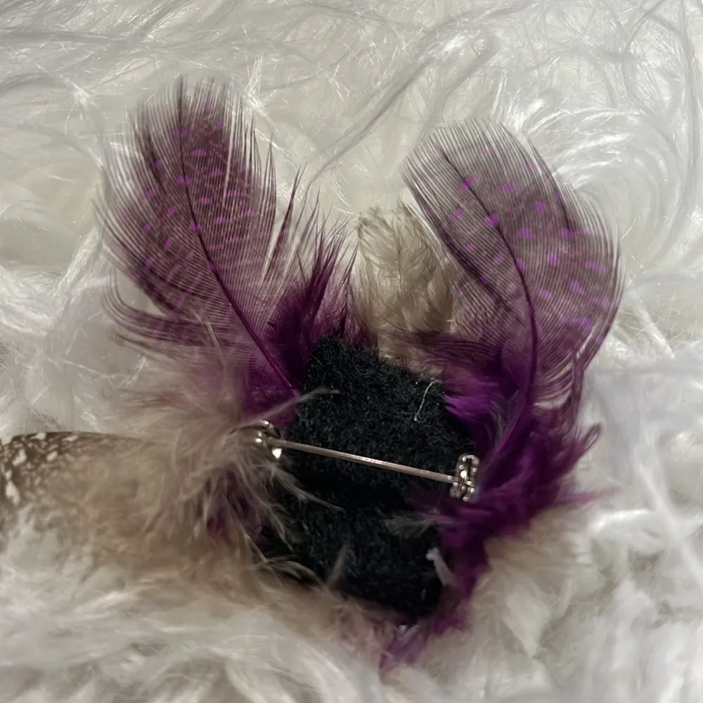 Purple black & Gray feathers & rhinestone brooch pin. Handmade. - Image 3