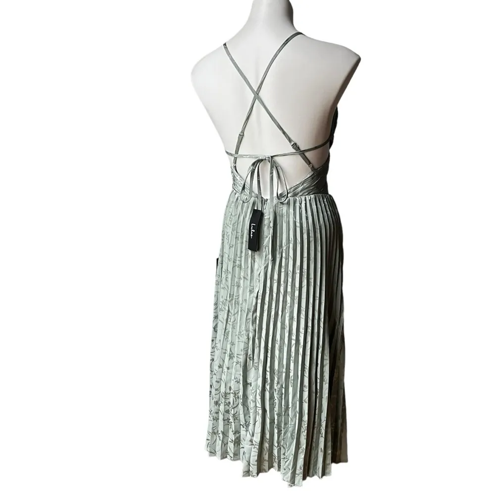 NWT, Lulus Pleating Up Sage Green Satin Jacquard Pleated Midi Dress, Sz S - Image 9