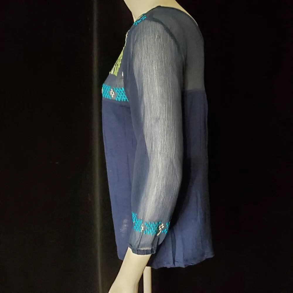 Lucky Brand Navy Blue Top with Blue, Green, & White Embroidered Design (XS) - Image 3