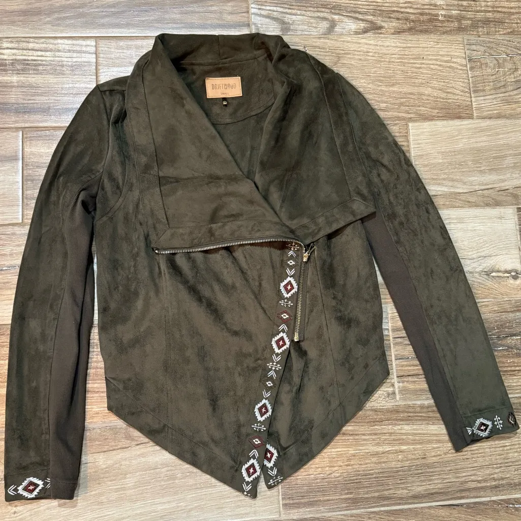 Driftwood Olive Green Faux Suede Moto Asymmetrical Zip Embroidered Jacket - Image 2